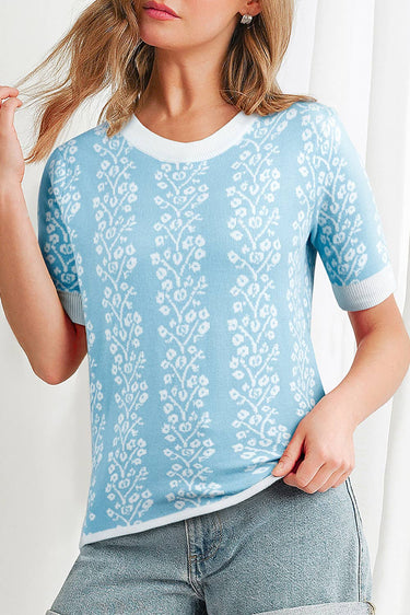 Contrast Floral Crewneck Short Sleeve Sweater